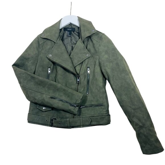 Forever 21 Distressed Faux Leather Olive Moto Jacket With Belt size small - Picture 14 of 16